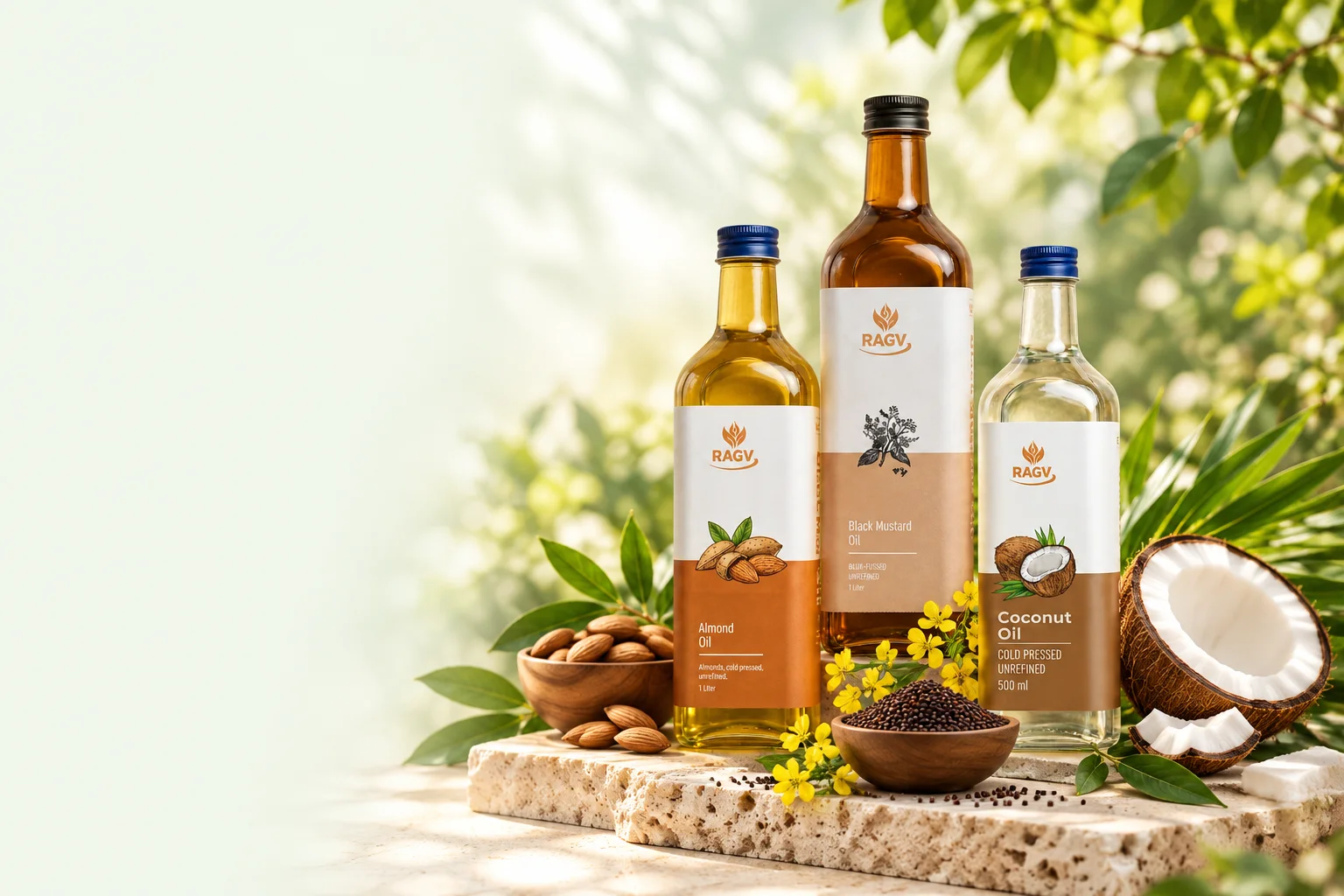 RAGV OILS almond, black mustard and coconut oils with their natural ingredients