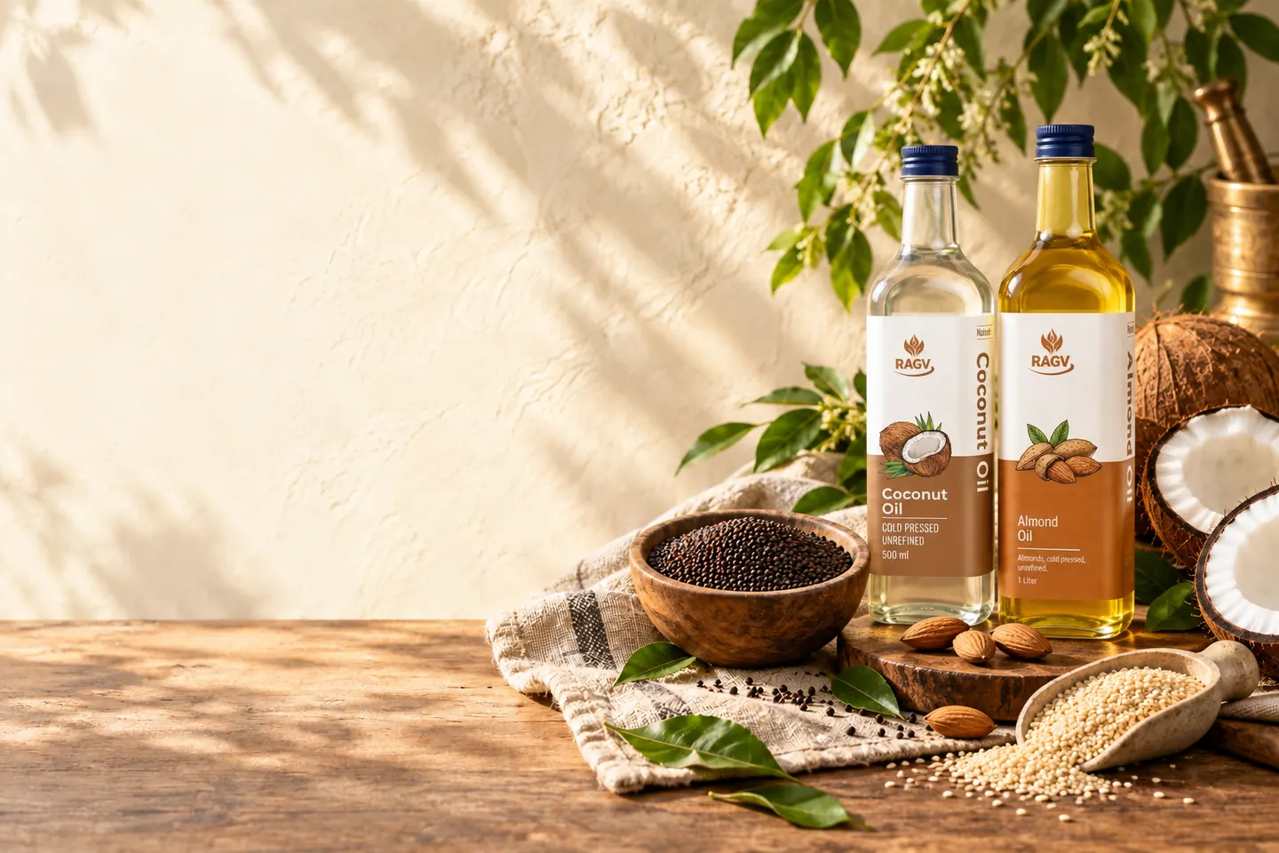 RAGV Coconut and Almond Oil bottles with seeds, coconut and almonds